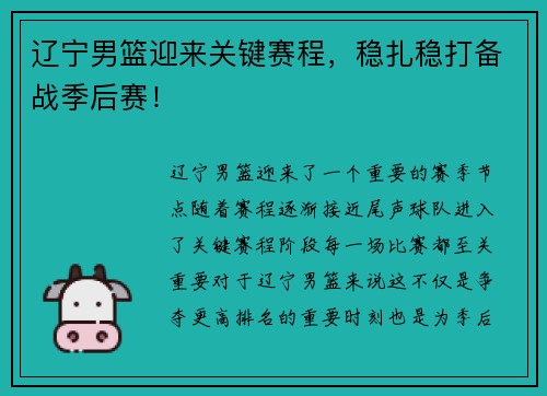 辽宁男篮迎来关键赛程，稳扎稳打备战季后赛！