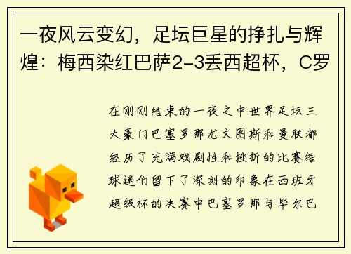 一夜风云变幻，足坛巨星的挣扎与辉煌：梅西染红巴萨2-3丢西超杯，C罗进球无效尤文0-2国米，曼联平局留憾