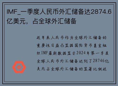 IMF_一季度人民币外汇储备达2874.6亿美元，占全球外汇储备