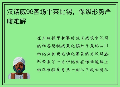 汉诺威96客场平莱比锡，保级形势严峻难解