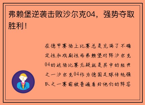 弗赖堡逆袭击败沙尔克04，强势夺取胜利！