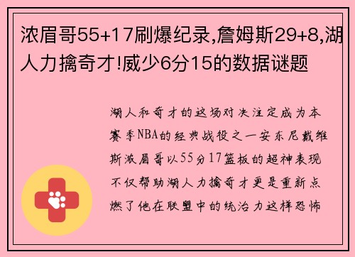 浓眉哥55+17刷爆纪录,詹姆斯29+8,湖人力擒奇才!威少6分15的数据谜题